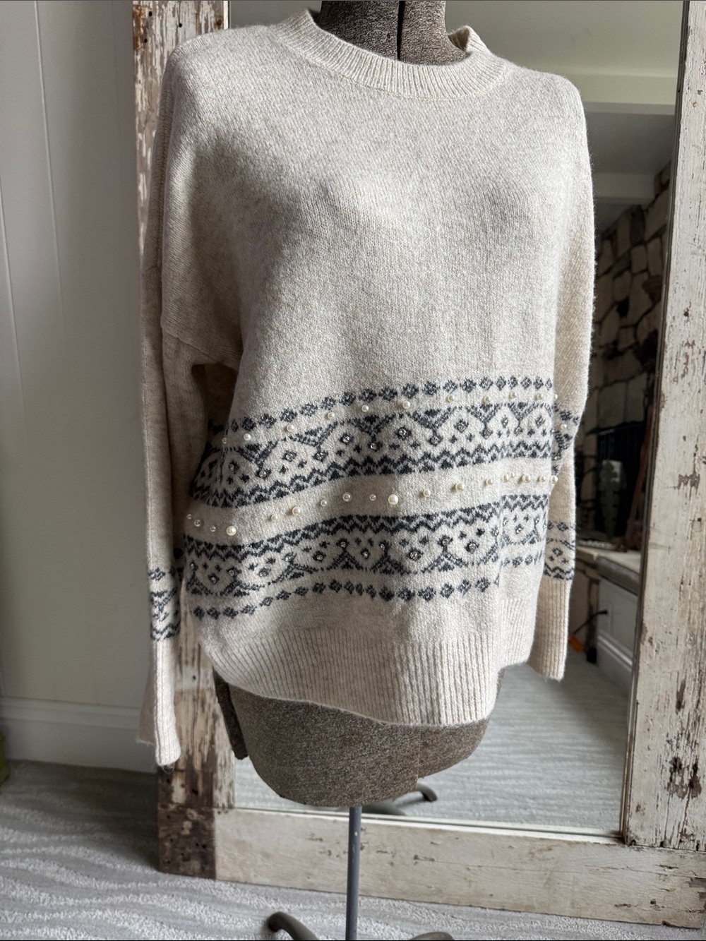 CeCe Cream Crewneck Sweater with Gray Fair Isle and Pearl Accents